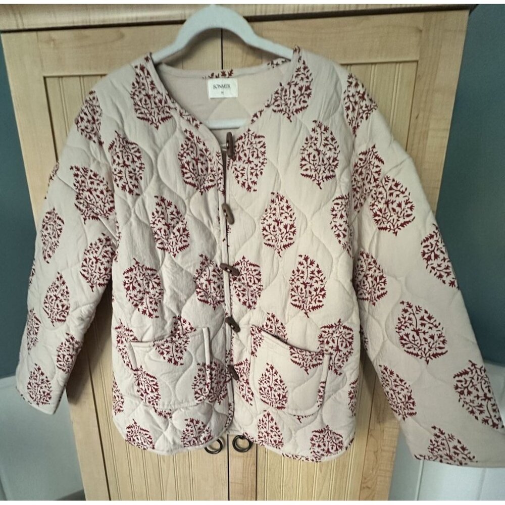 SONMER Cream /Wine Jacquard Print Quilted Poplin Cotton Jacket Sz M Retail $310 - Picture 8 of 8